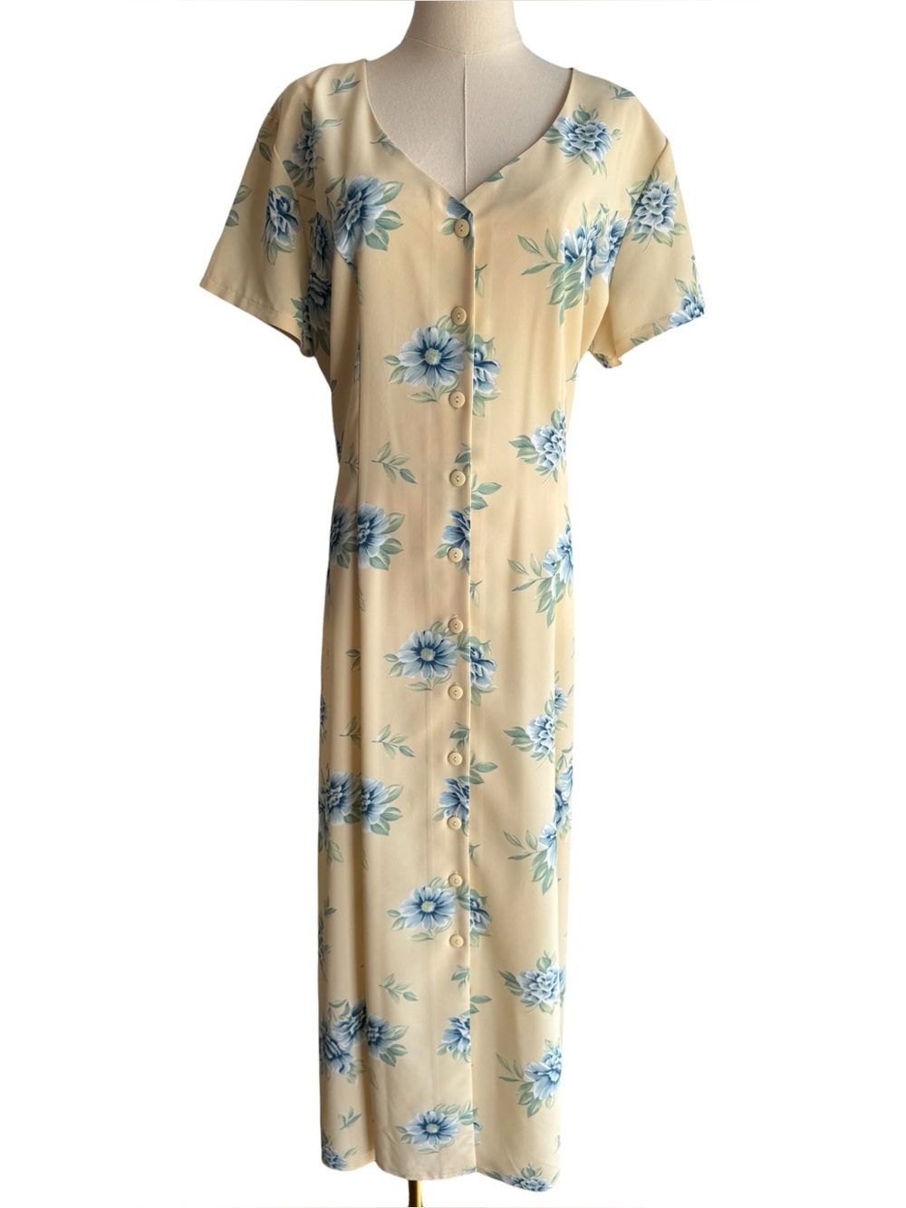 90s Cottagecore Maxi Dress L/XL Creamy Yellow Floral Lace Up Prairie Sundress
